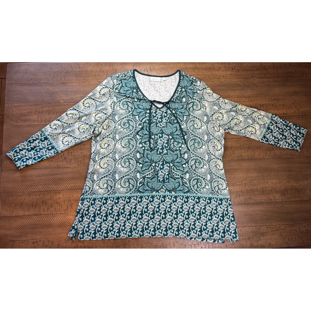 Belle by Kim Gravel Womens 2X Teal Paisley Damask 3/4 Sleeve Tie Neck Tunic Top